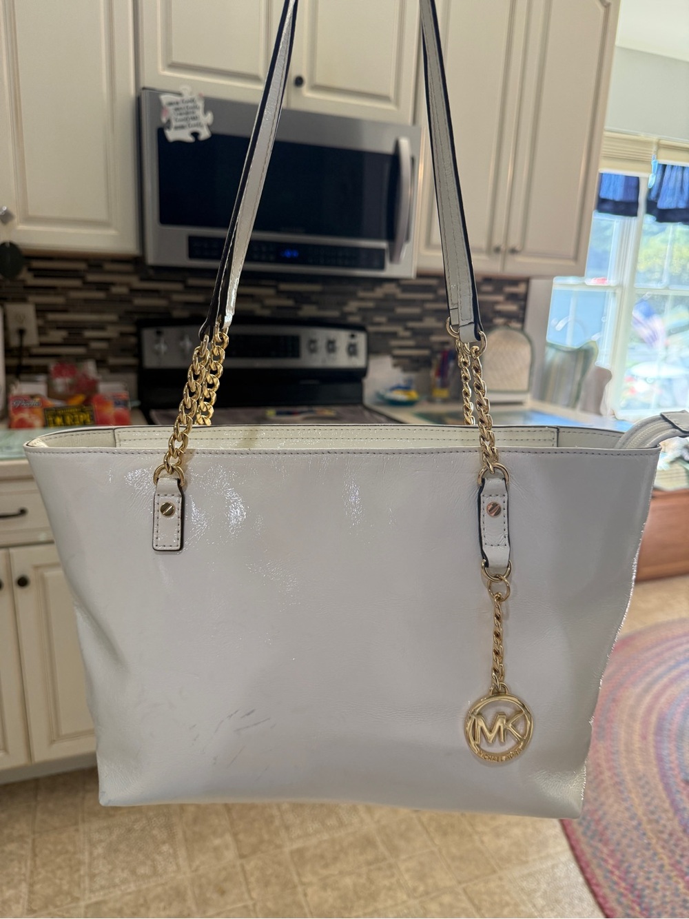 Michael Kors White Patent Leather Tote with Gold Chain Hardware